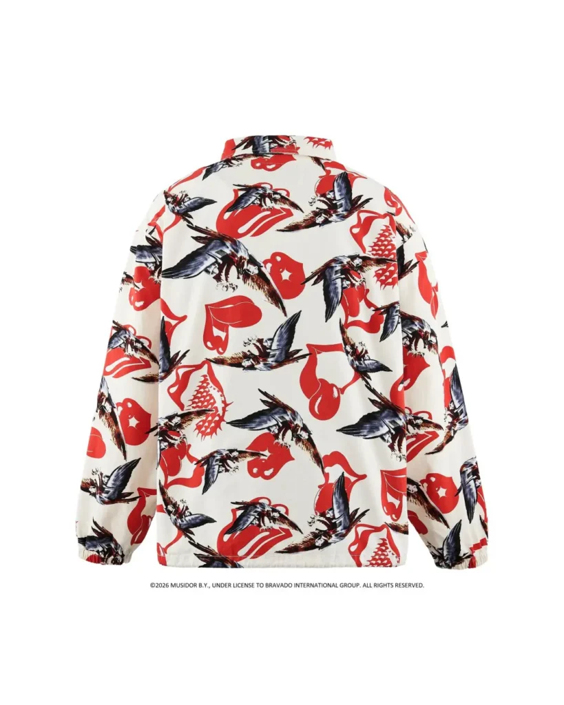 Cream jacket with long sleeves, patterned with red lips and black-and-brown flying swallows, shown against white background