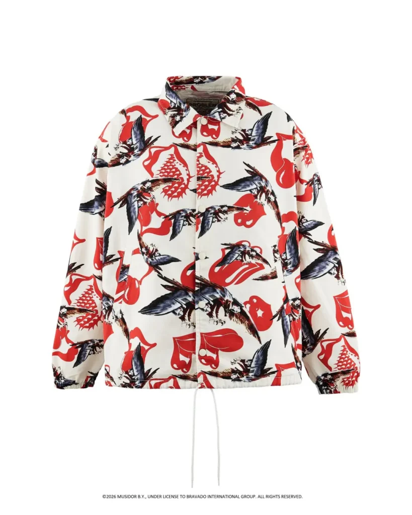 White button-front jacket with red graphics and black-and-blue bird prints, shown against a white background