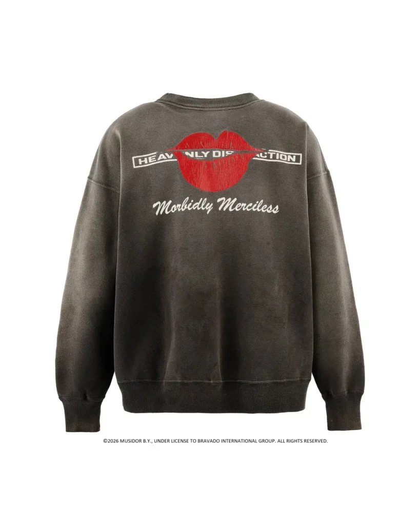 Back of a dark gray crewneck sweatshirt with a red lips graphic and white text, shown against a white background
