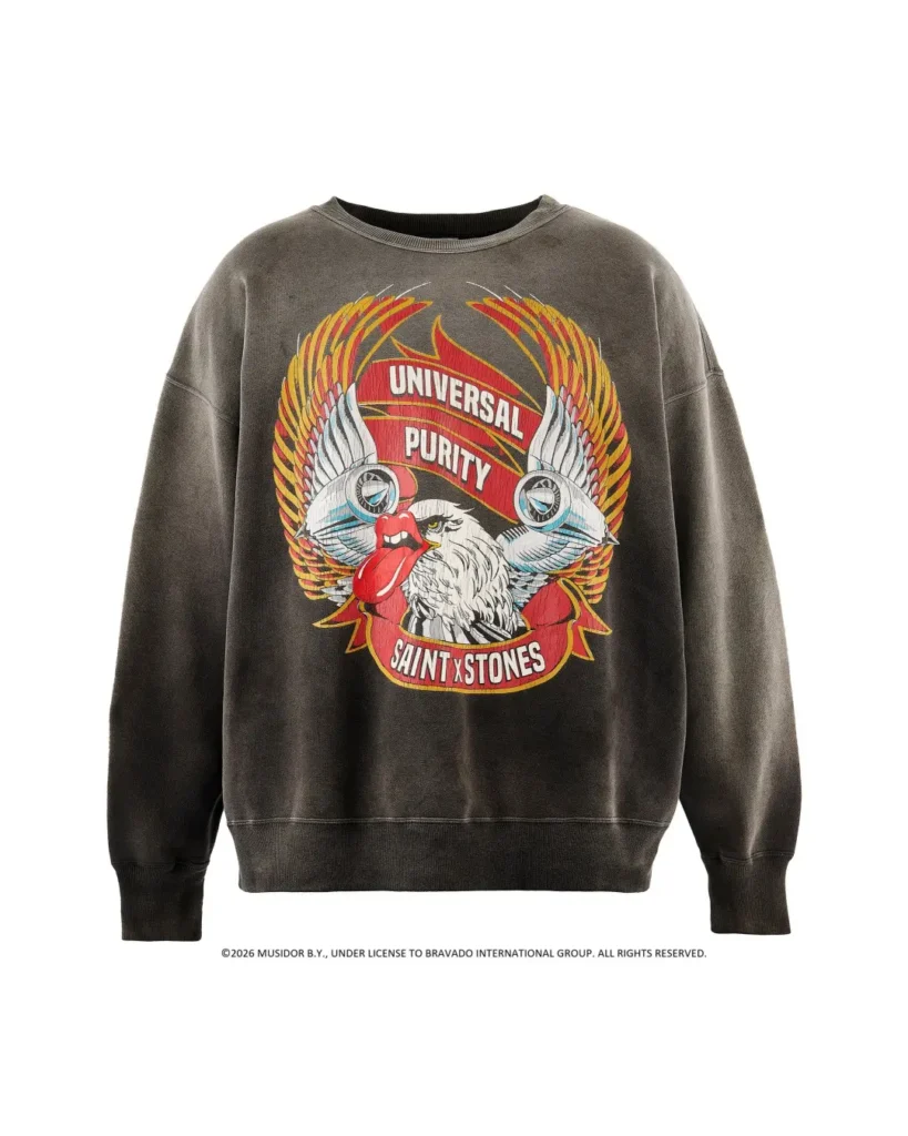 Charcoal sweatshirt with a colorful winged eagle graphic and red banners reading “UNIVERSAL PURITY” and “SAINT X STONES”
