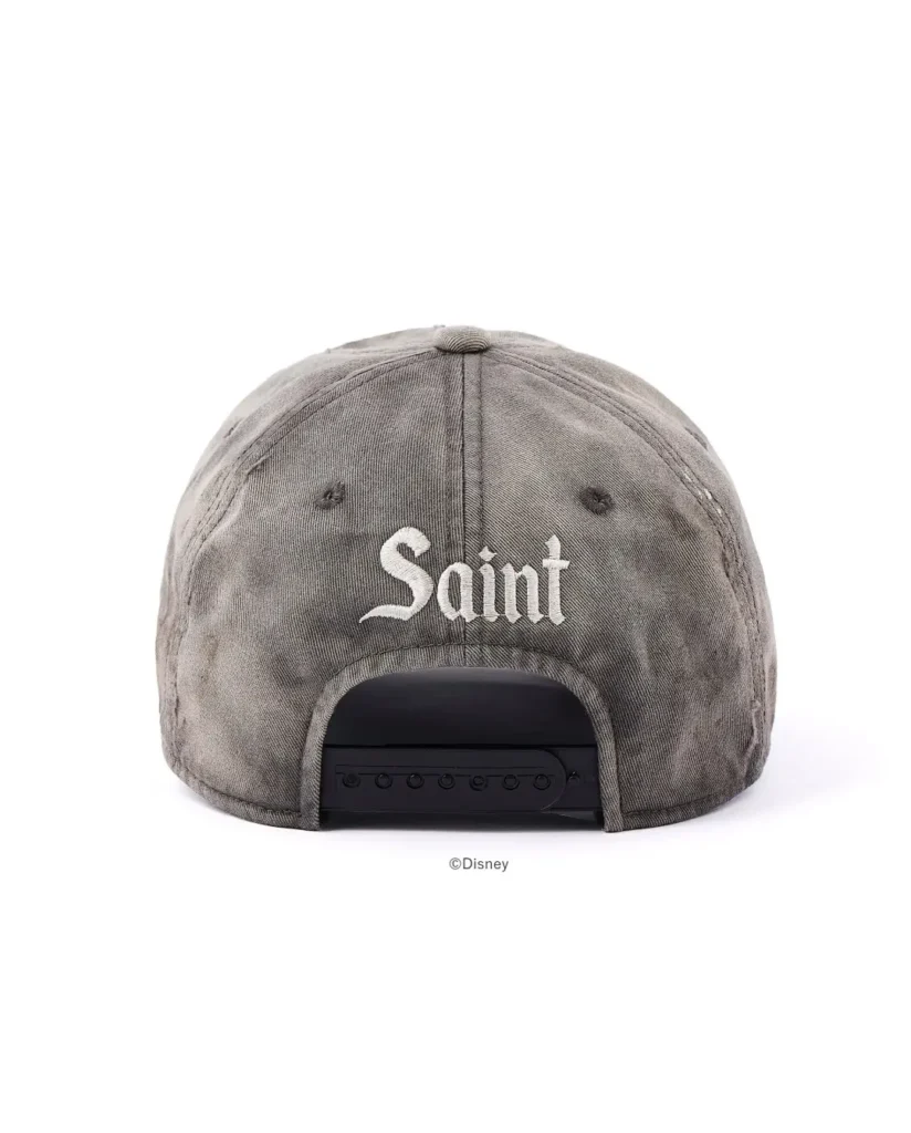 Gray distressed baseball cap with white Saint lettering and black adjustable snapback, shown from the back on white