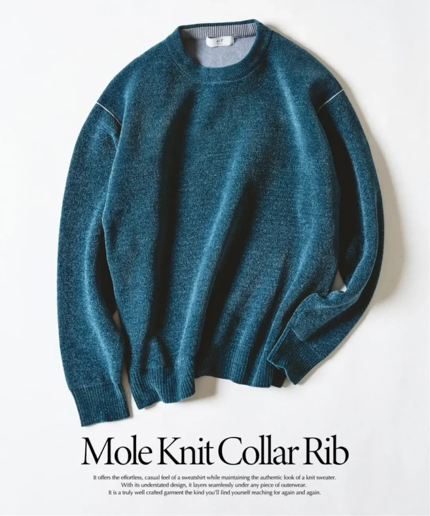 Teal blue crewneck knit sweater with ribbed collar, cuffs, hem, and contrasting shoulder seams on a white background