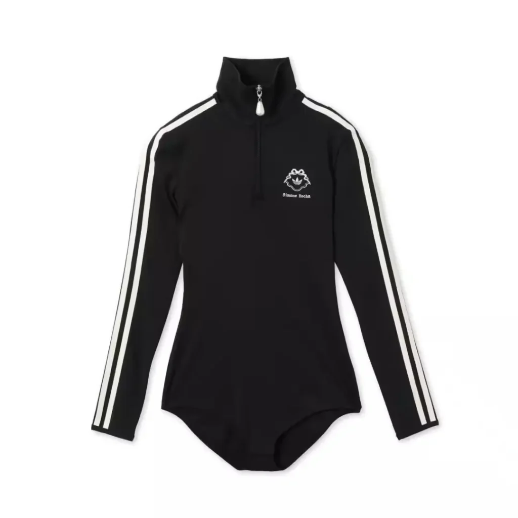 Black long-sleeve zip-neck bodysuit with white sleeve stripes and Simone Rocha crest, displayed on a white background