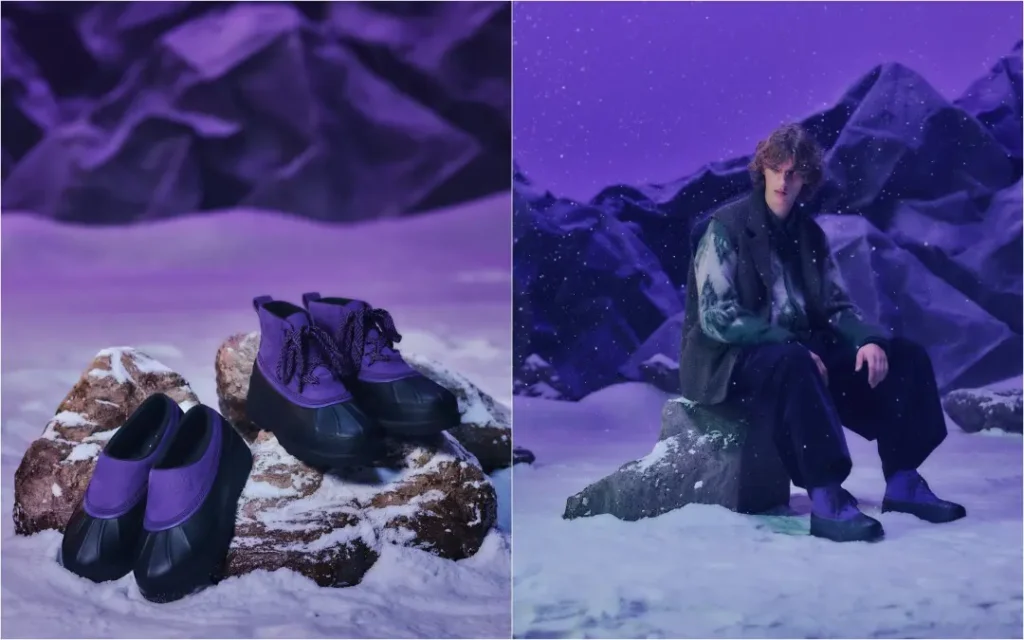 Split image showing purple-and-black waterproof boots on a snowy rock and a seated model wearing matching boots in a purple