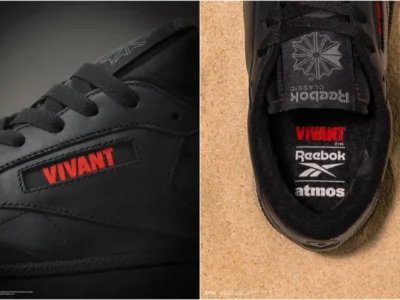 Split image showing a black Reebok sneaker with red VIVANT branding and logos on the tongue, against dark and tan backgrounds