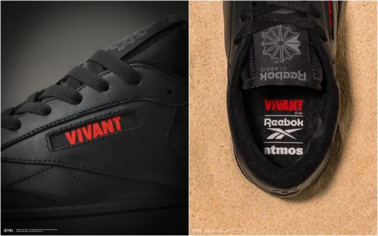 Split image showing a black Reebok sneaker with red VIVANT branding and logos on the tongue, against dark and tan backgrounds
