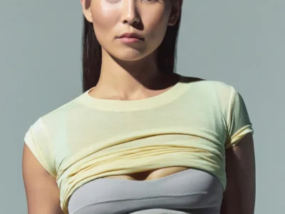 Woman facing camera in a pale yellow cropped top layered over a gray bandeau, against a plain gray background