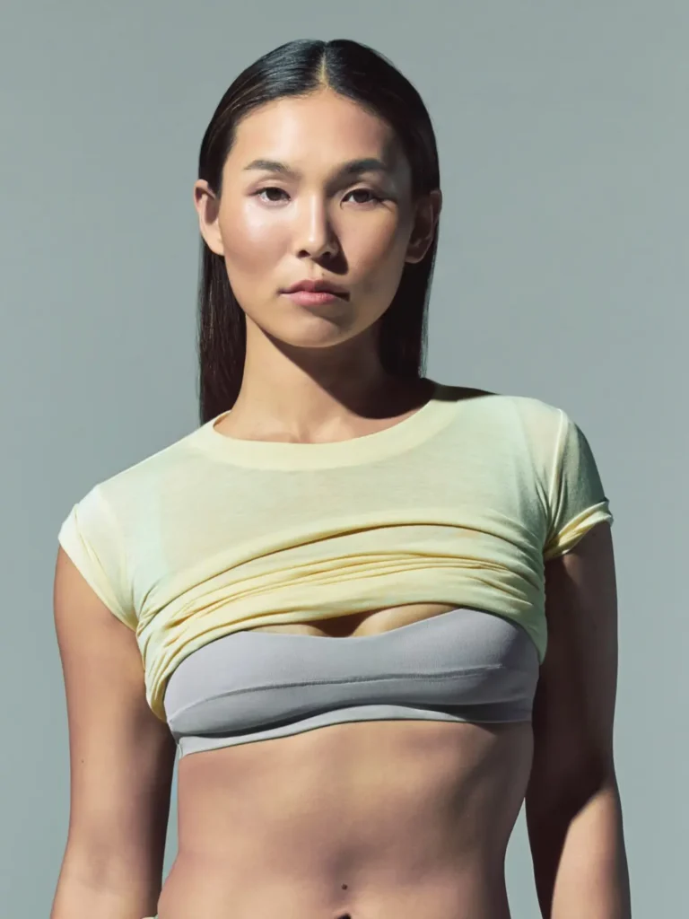 Woman facing camera in a pale yellow cropped top layered over a gray bandeau, against a plain gray background