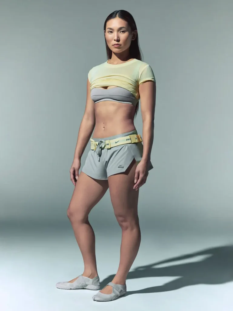 Standing model wears a pale yellow cropped top, gray bandeau and shorts, utility belt