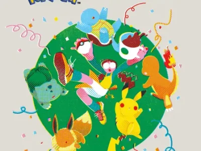 Pokémon and Starbucks logos above a colorful collage of Pokémon characters, confetti, and curling ribbons