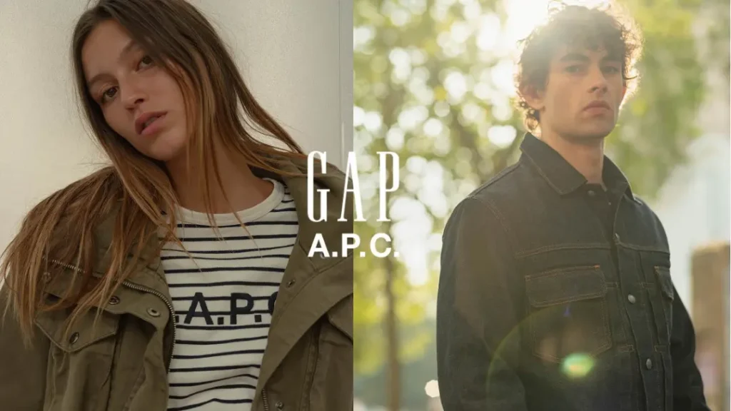 Split image of a woman in an olive jacket and striped shirt and a man in a dark utility jacket outdoors, with GAP A.P.C