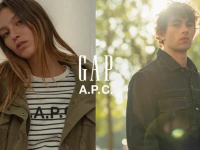 Split image of a woman in an olive jacket and striped shirt and a man in a dark utility jacket outdoors, with GAP A.P.C