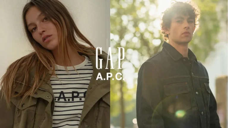 Split image of a woman in an olive jacket and striped shirt and a man in a dark utility jacket outdoors, with GAP A.P.C