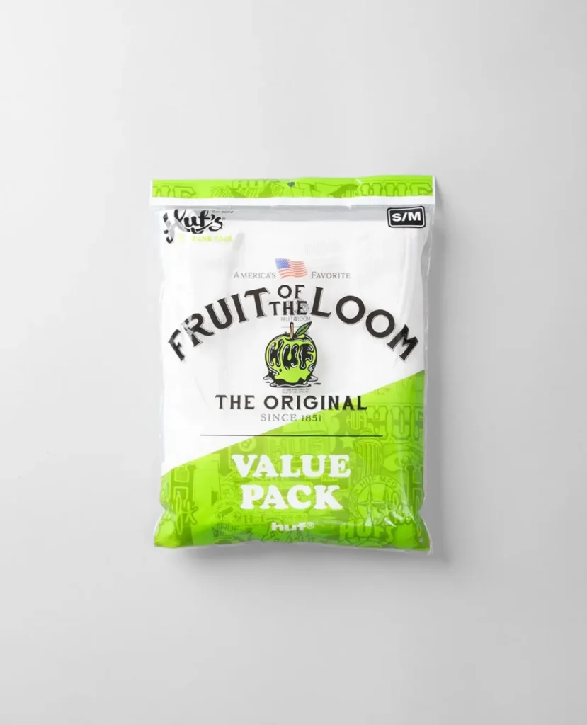 Green-and-white Fruit of the Loom tank top value-pack bag labeled S/M, centered against a light gray background