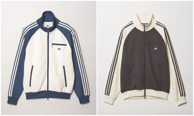 Two Adidas track jackets laid flat: one cream and navy, the other dark brown and cream, each with three sleeve stripes