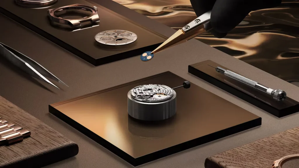 Watchmaker’s hand uses tweezers to place a blue watch component among movements, cases, and tools on a workbench