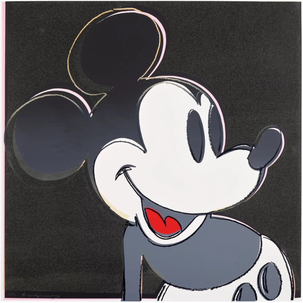 Stylized close-up of Mickey Mouse smiling, with black ears, white face, red tongue, and blue-gray clothing on a black