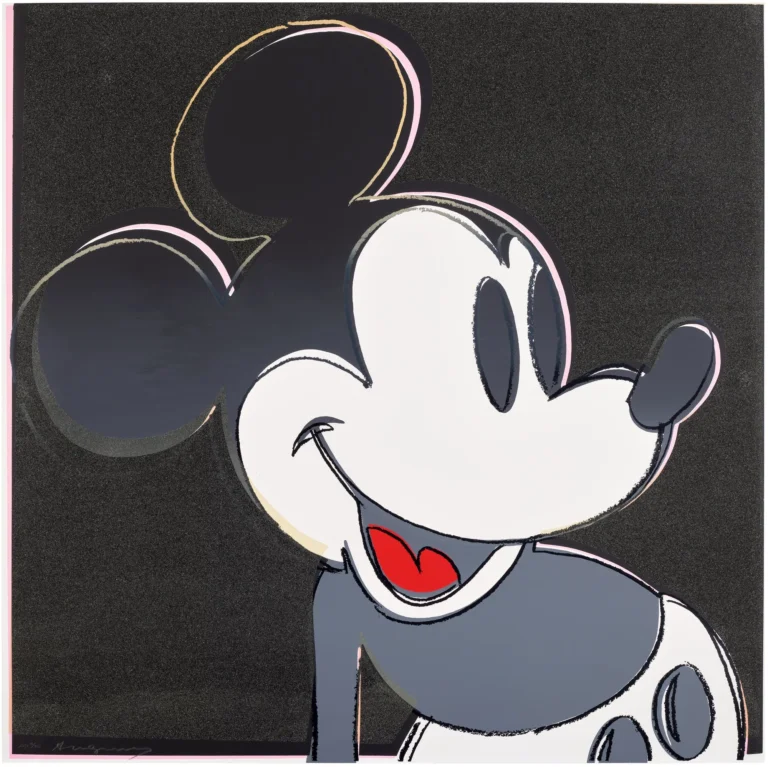 Stylized close-up of Mickey Mouse smiling, with black ears, white face, red tongue, and blue-gray clothing on a black