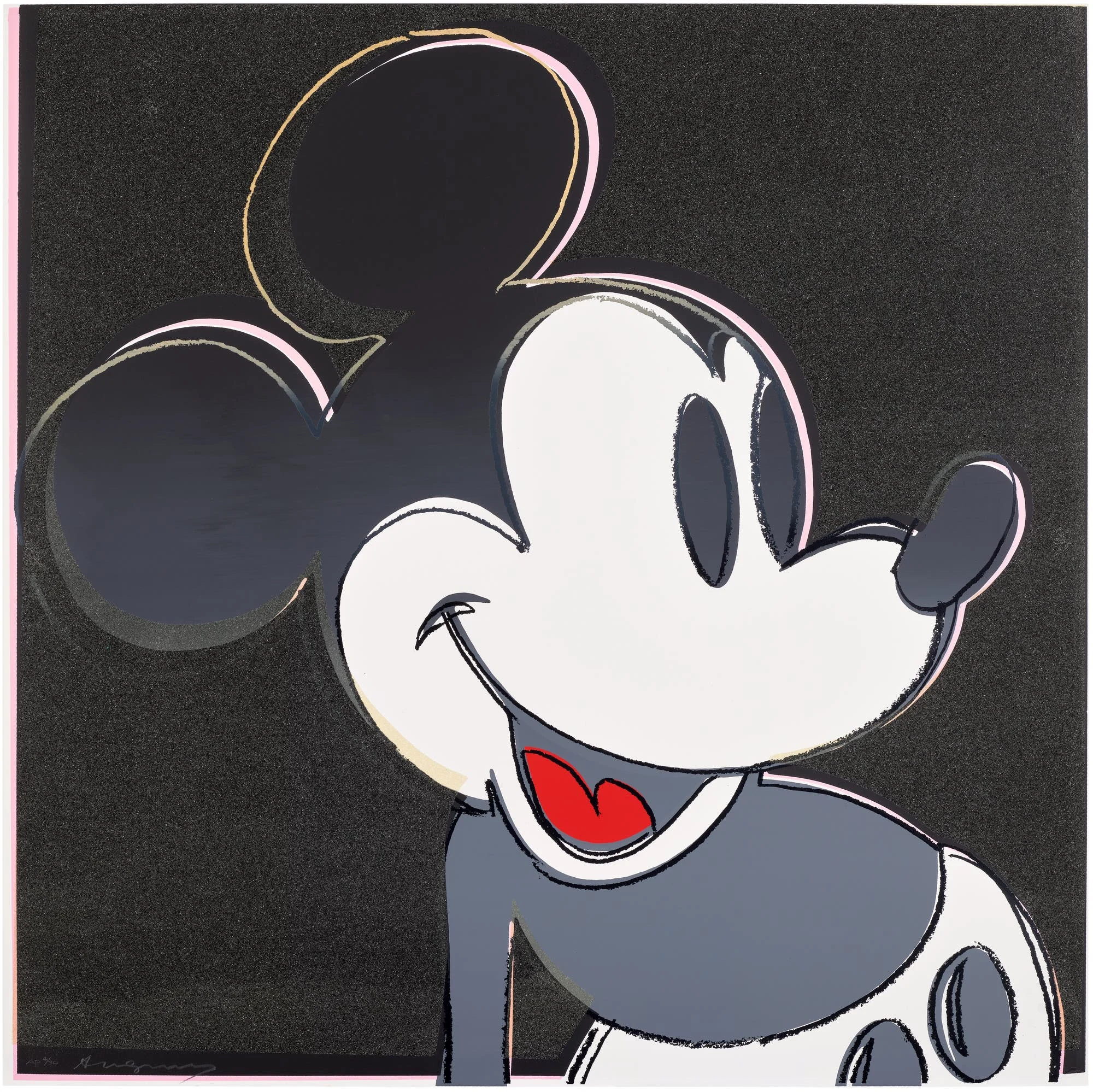 Stylized close-up of Mickey Mouse smiling, with black ears, white face, red tongue, and blue-gray clothing on a black