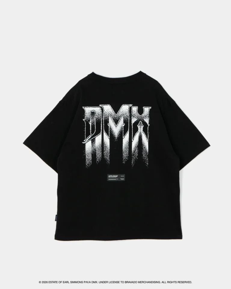 Black T-shirt with a large distressed white DMX graphic and small APPLEBUM label, displayed against a light background