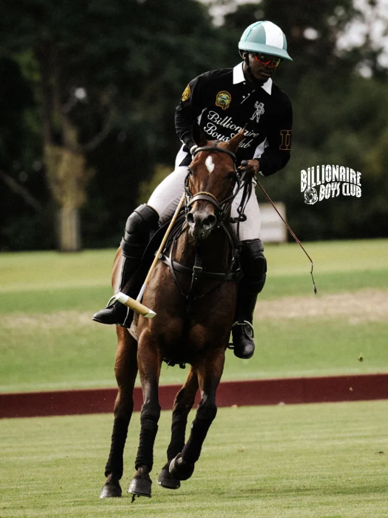 Polo player in a light blue helmet rides a brown horse across a grassy field, holding a mallet and reins