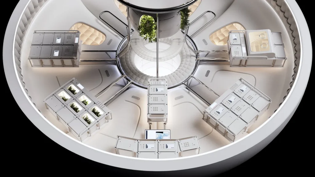 Futuristic white circular interior with radial workstations, central ring, curved windows, and small planted compartments