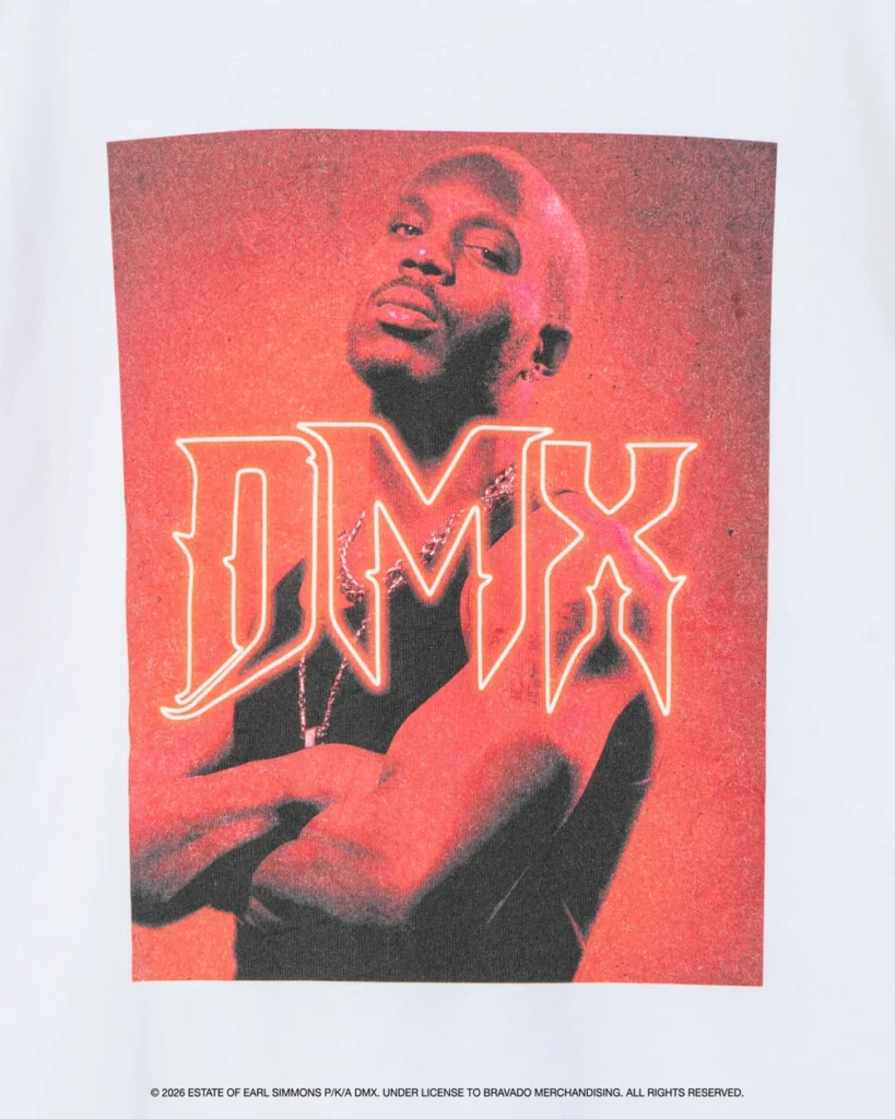 Portrait graphic of DMX seated with arms crossed, overlaid with large outlined “DMX” lettering on a red background