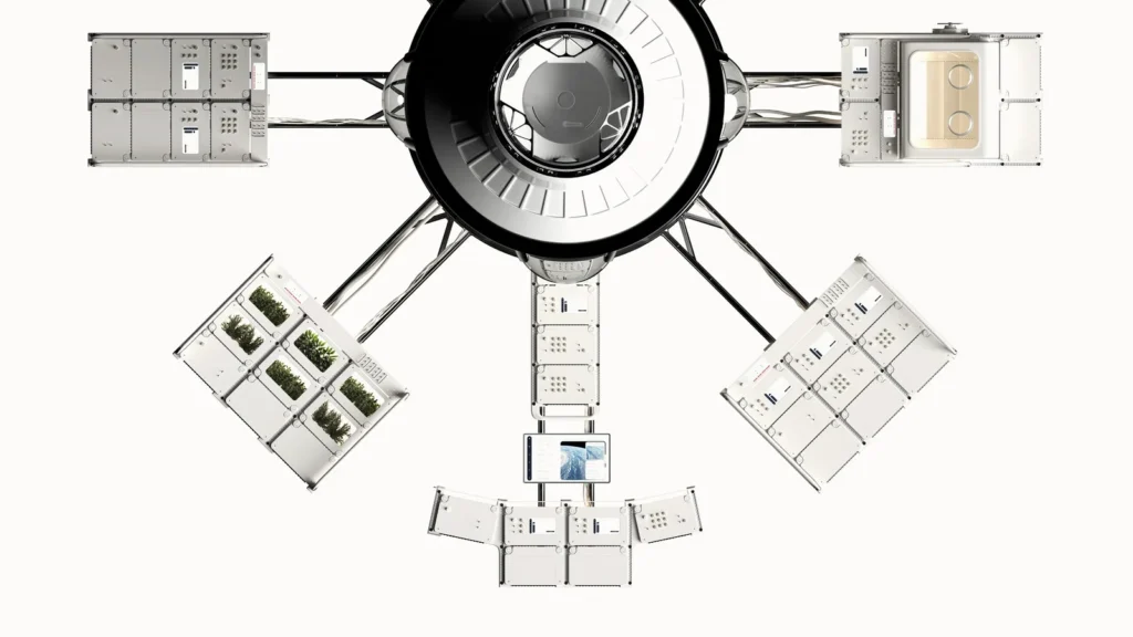Top-down view of a futuristic white modular spacecraft with a large circular central hub and six attached pods on a white