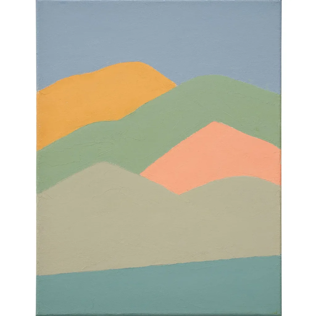 Abstract mountain landscape with layered orange, green, beige and blue shapes on a textured canvas