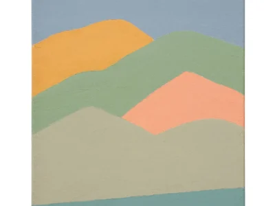 Abstract mountain landscape with layered orange, green, beige and blue shapes on a textured canvas
