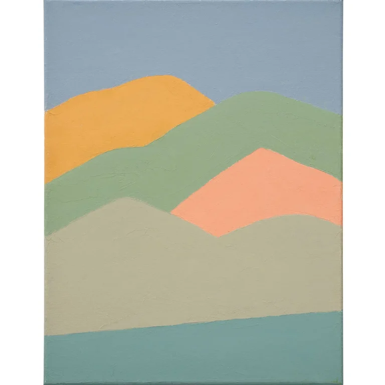 Abstract mountain landscape with layered orange, green, beige and blue shapes on a textured canvas