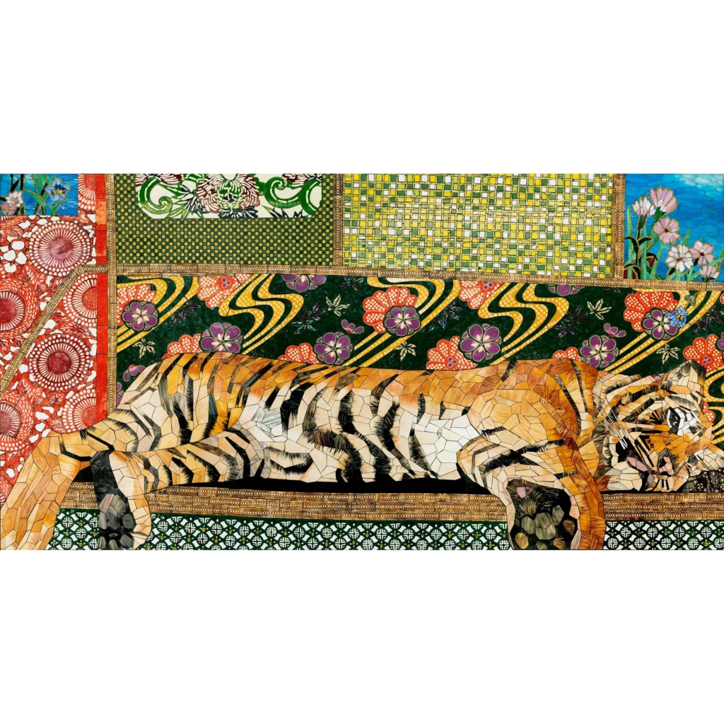 Mosaic artwork of a tiger reclining amid colorful floral and geometric patterned panels