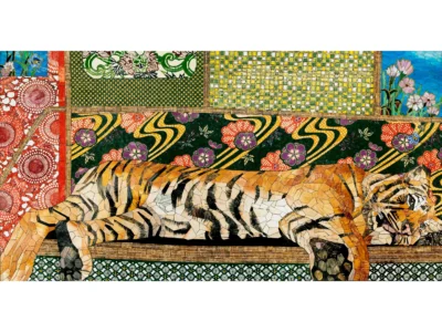 Mosaic artwork of a tiger reclining amid colorful floral and geometric patterned panels