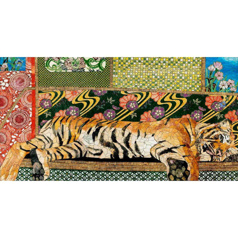 Mosaic artwork of a tiger reclining amid colorful floral and geometric patterned panels