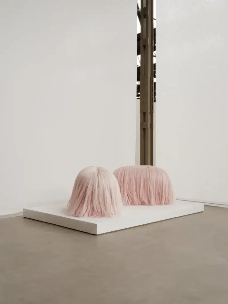 Two shaggy pale pink sculptural forms sit on a white platform in a minimalist gallery beside a window mullion