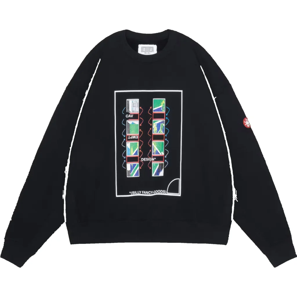 Black crewneck sweatshirt with a colorful rectangular graphic, white border, and red circular sleeve patch on white