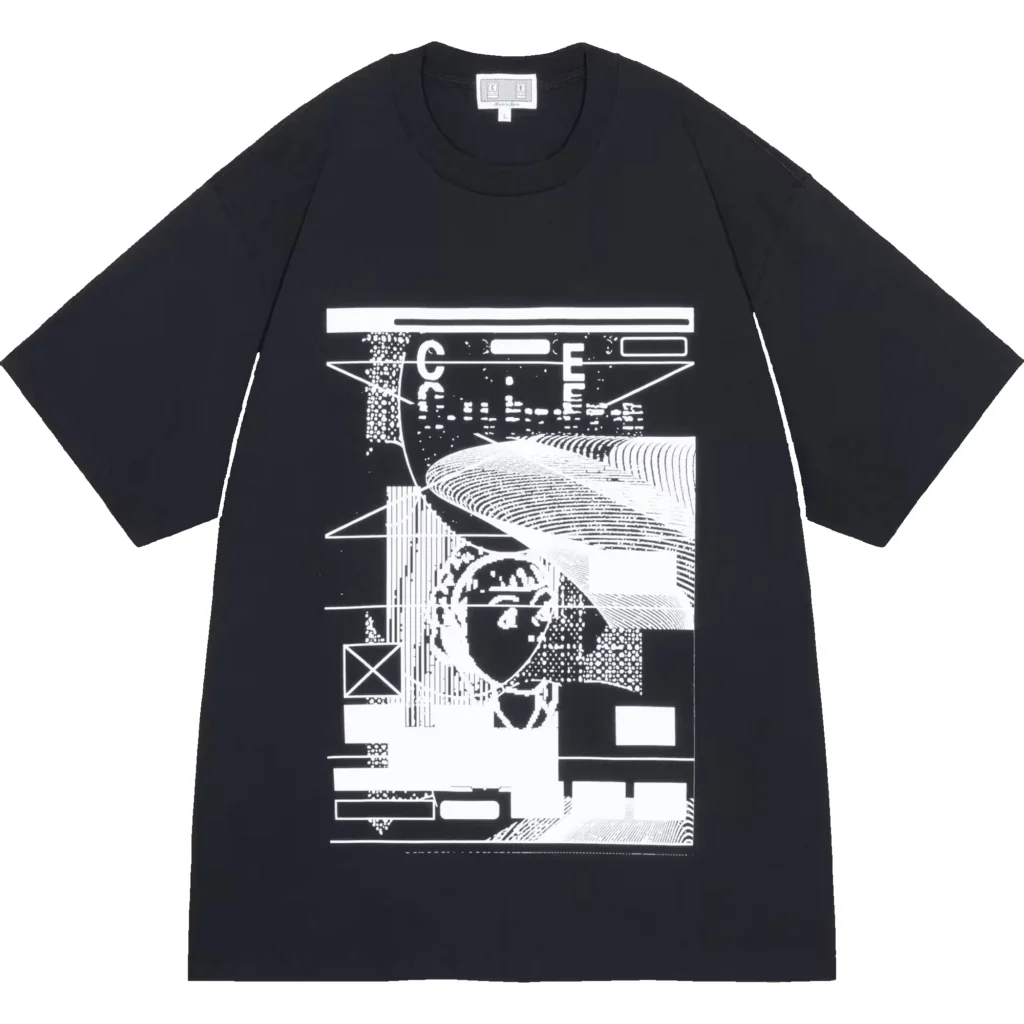 Black short-sleeved T-shirt with a large white geometric architectural graphic, displayed flat against a white background