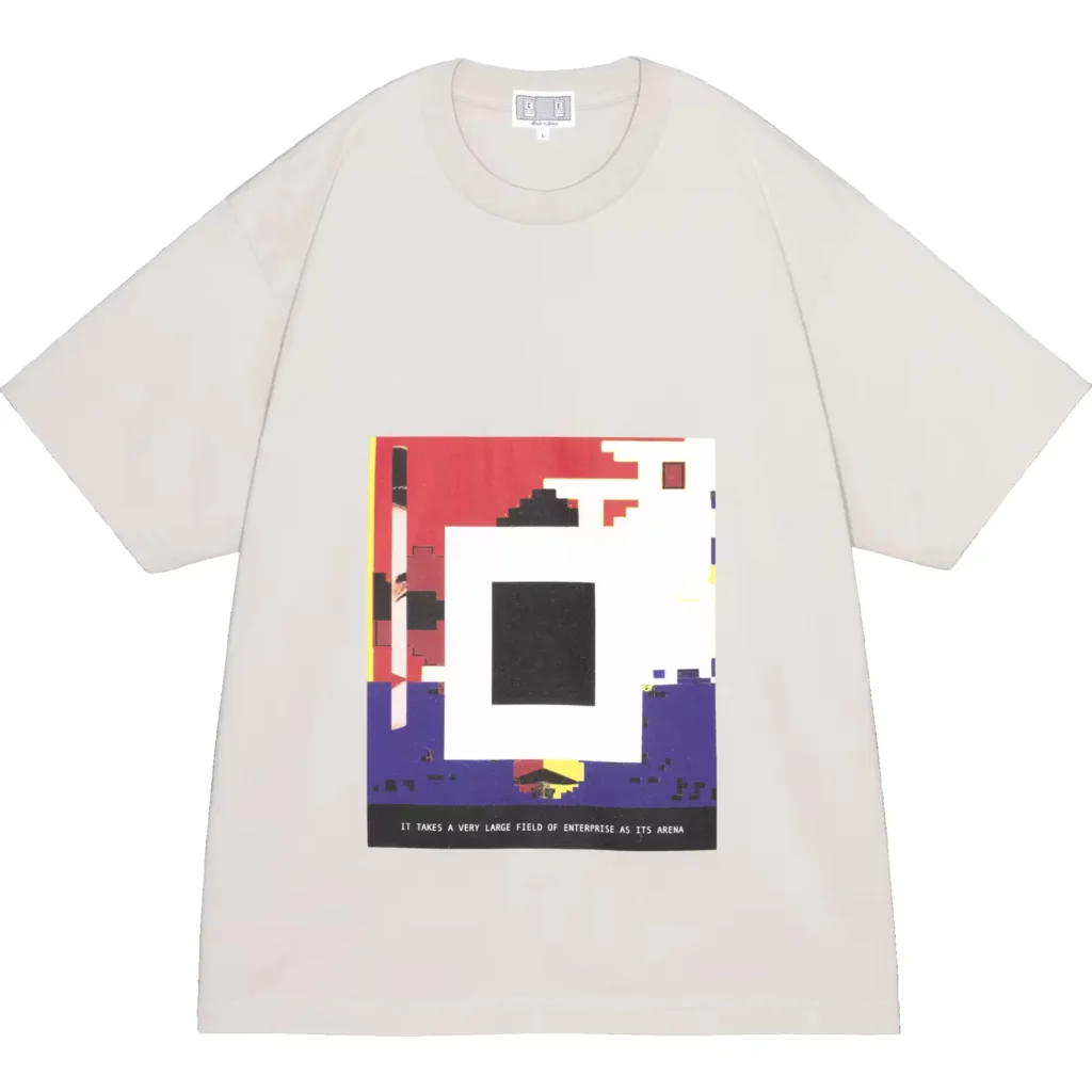 White Tee with a colorful abstract rectangular graphic and text, photographed flat against a white background