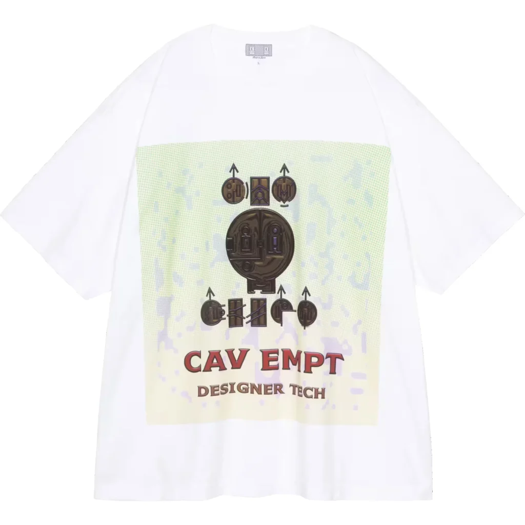 White T-shirt with a large pastel graphic of mechanical symbols and the words “CAV EMPT DESIGNER TECH” laid flat on white