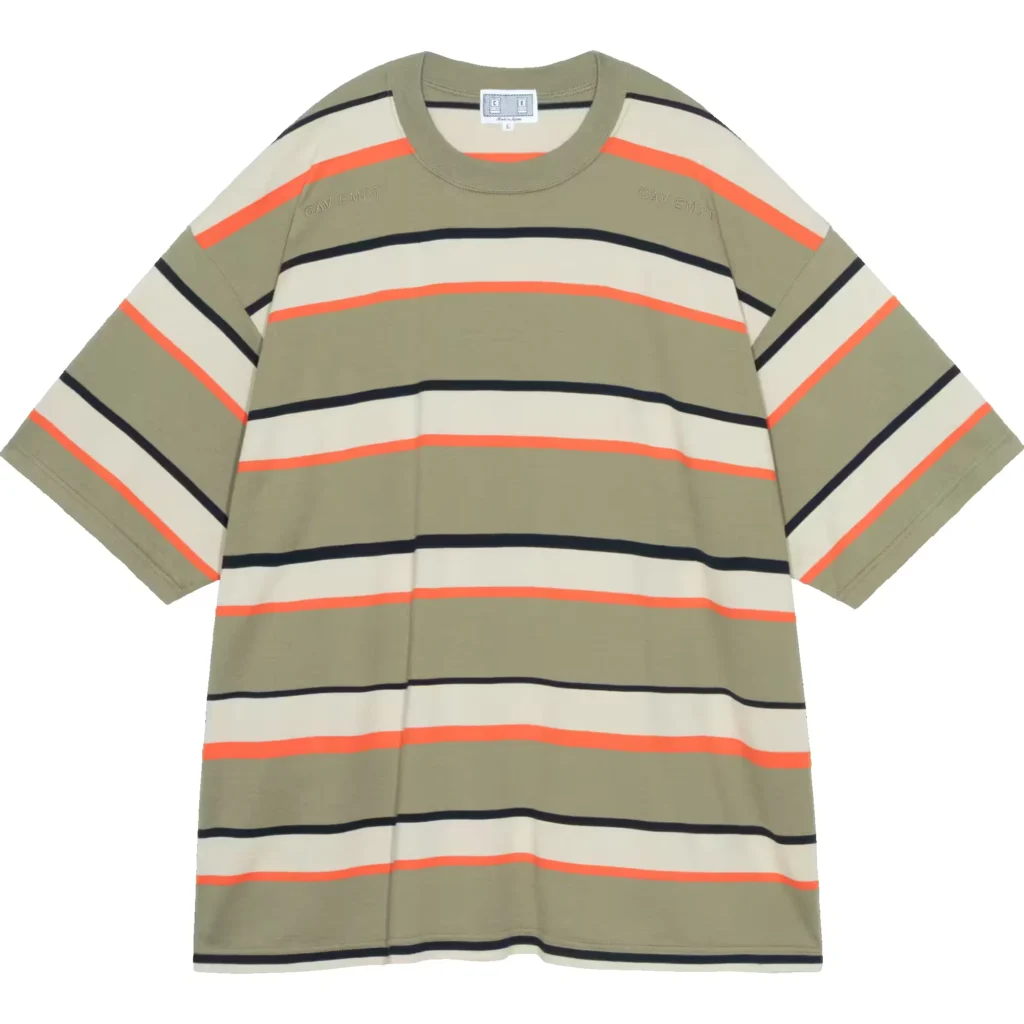 Olive green Tee with cream, black and bright orange horizontal stripes, laid flat against a white background