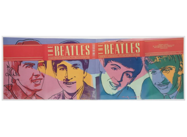 Open magazine spread with colorful illustrated portraits of four men beneath a red banner reading “The Beatles”