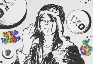 Black-and-white illustration of a long-haired Matt Ox in a jacket making a hand gesture, surrounded by flow