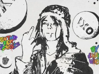 Black-and-white illustration of a long-haired Matt Ox in a jacket making a hand gesture, surrounded by flow