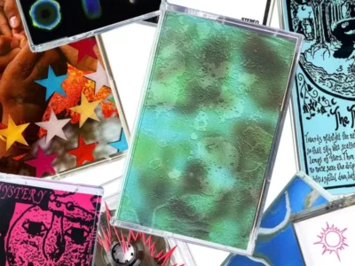 Collage of tint cassette tapes, centered on a green textured case, with illustrated covers and star patterns around it