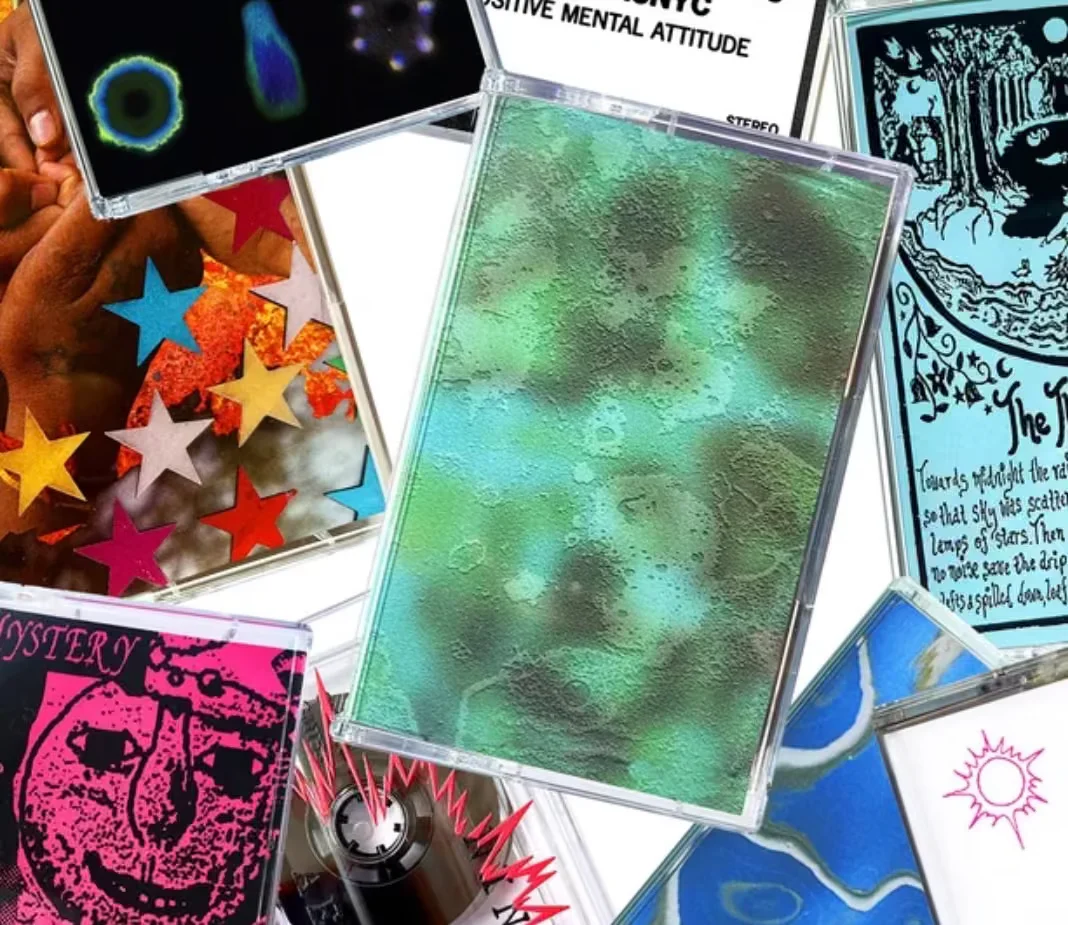 Collage of tint cassette tapes, centered on a green textured case, with illustrated covers and star patterns around it