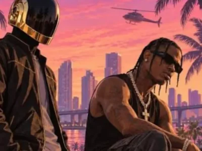Show scene animated of two men by a waterfront skyline: one wears a reflective helmet, the other sunglasses and chains