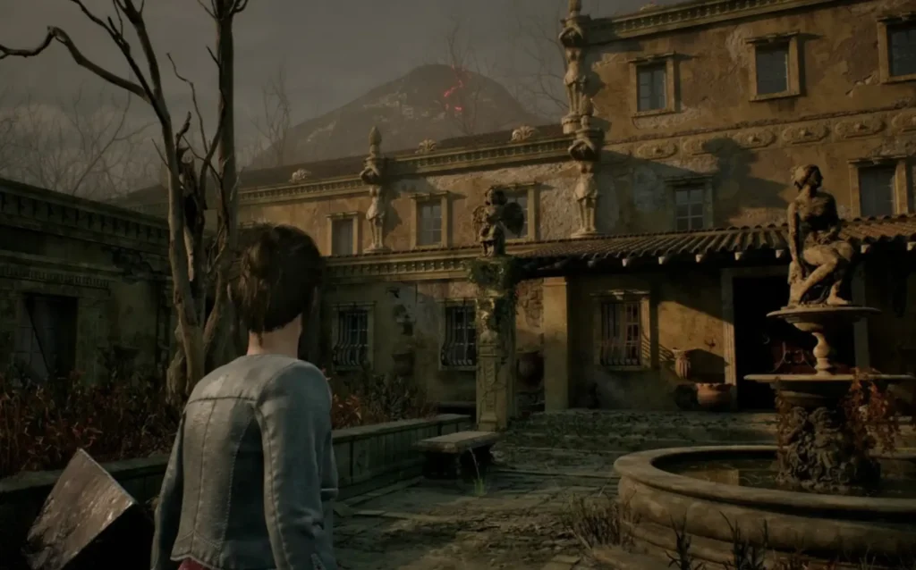 Third-person character in a pale jacket faces a decaying villa courtyard with statues, fountain, and smoking volcano beyond