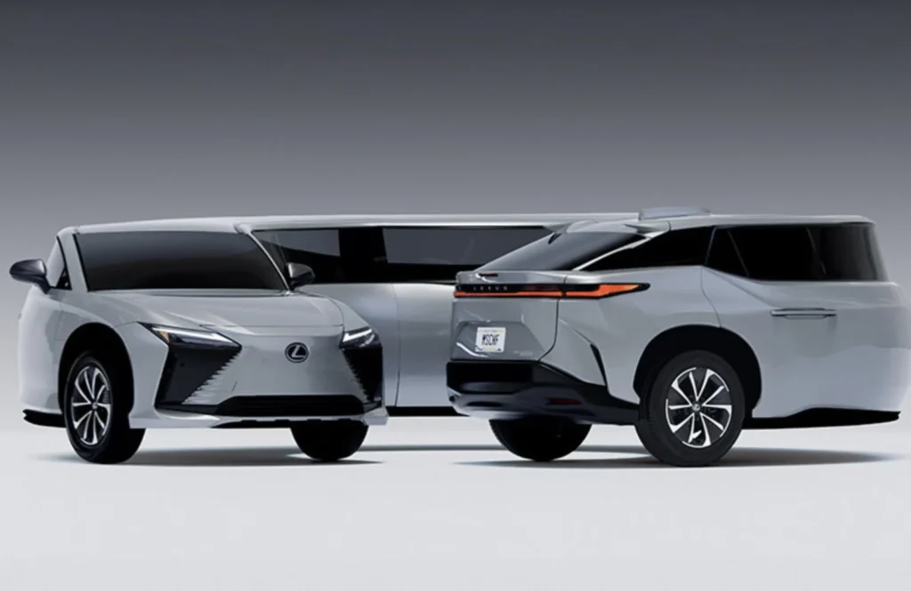 Two silver Lexus vehicles, one shown from the front and one from the rear, positioned side by side against a gray background
