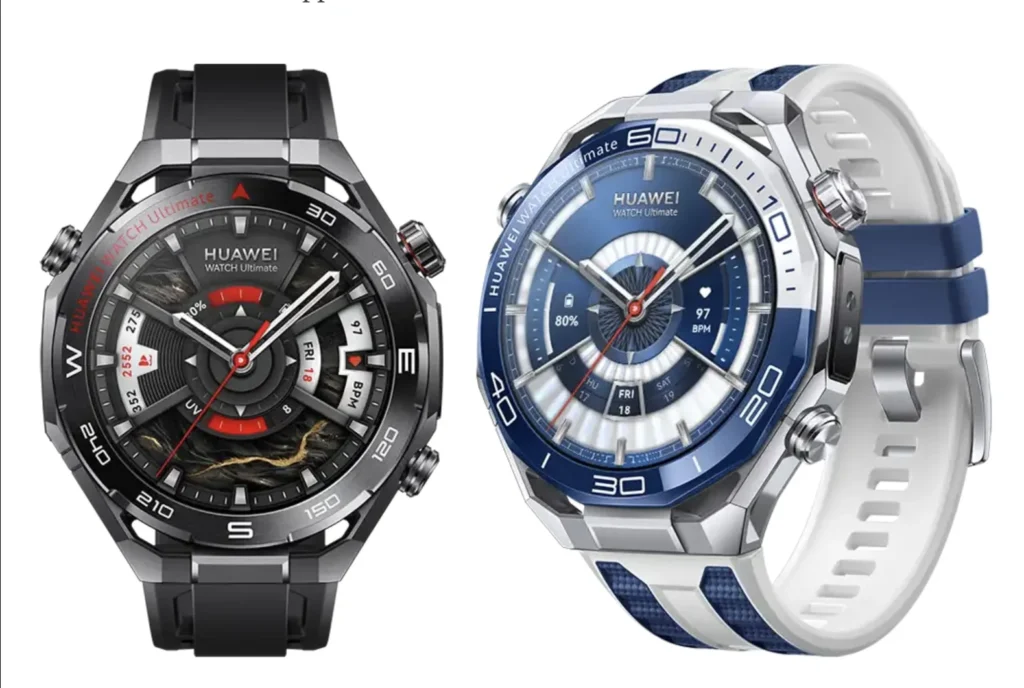 Two Huawei smartwatches with black and white cases, displayed side by side against a white background