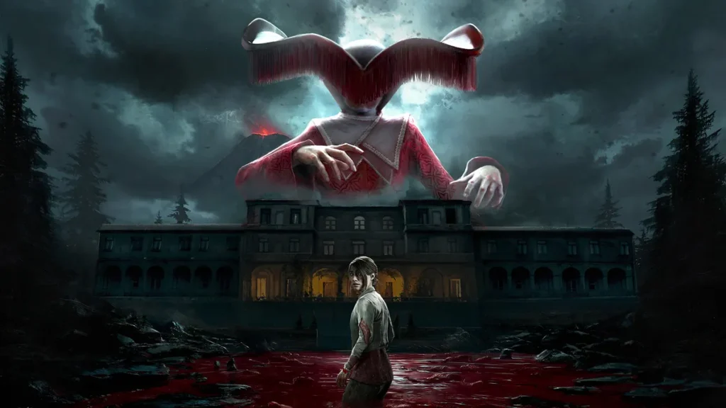 A woman stands in a blood-red lake before a dark mansion, beneath a giant red-clad faceless figure in a stormy forest